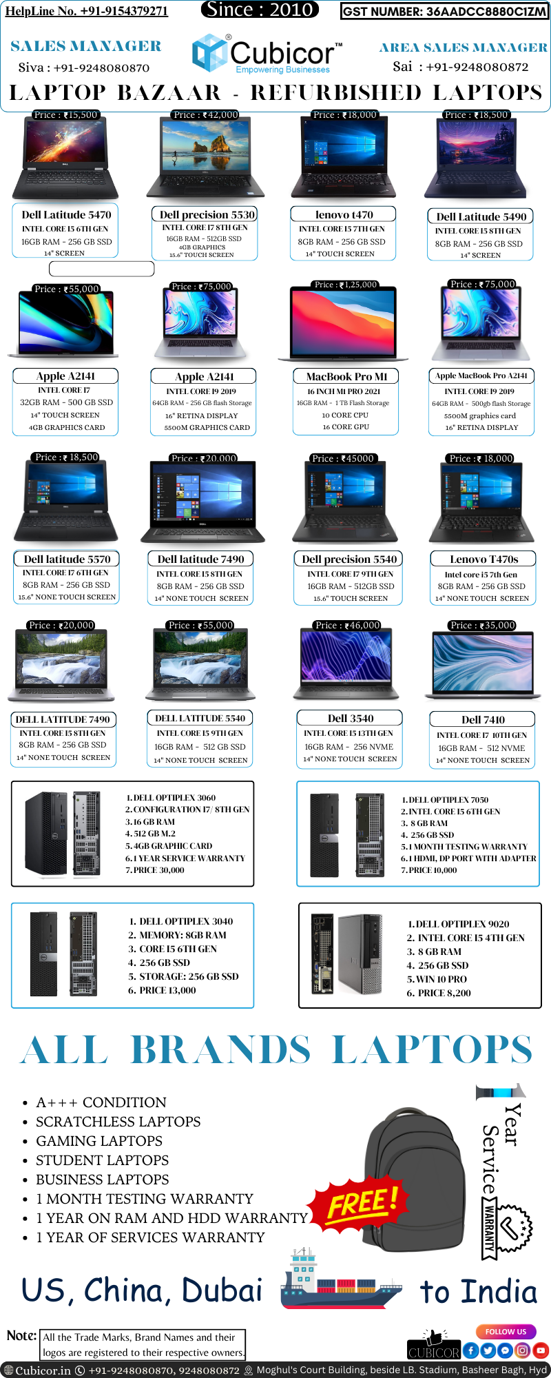 Cubicor Laptop sales in Hyderabad